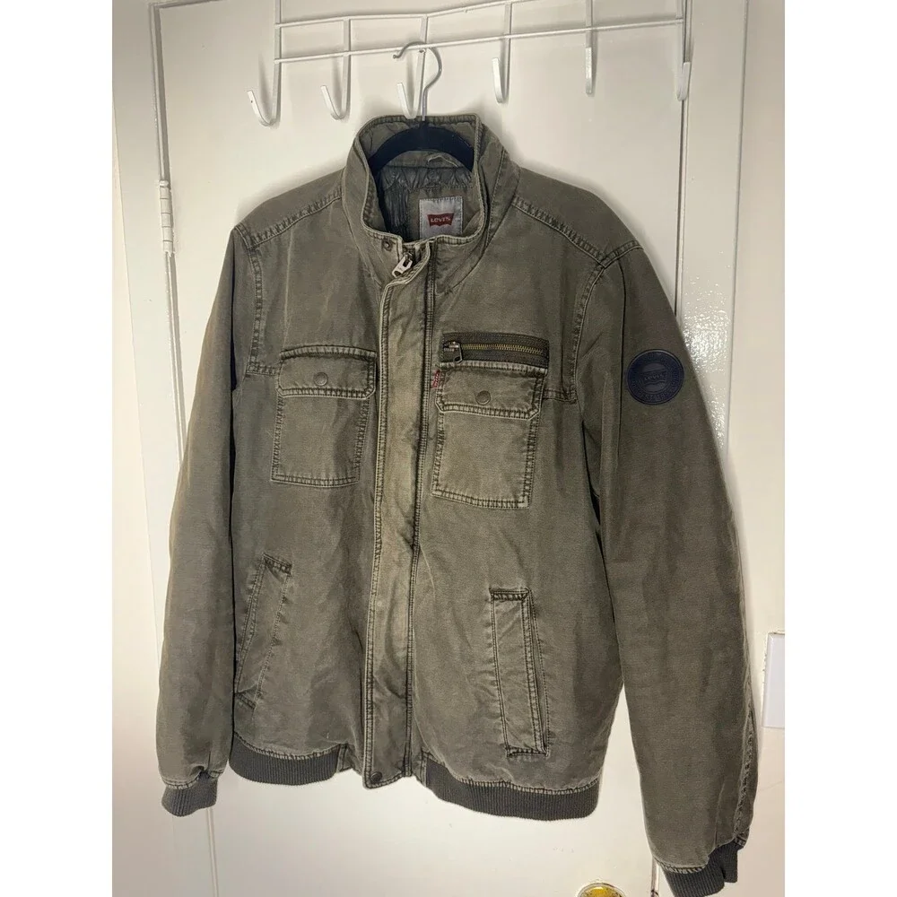 Rare Levis Mens Olive Green Quilted Military Field Utility Bomber jacket